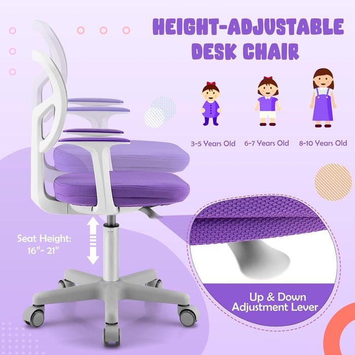 Kids Desk Chair, Ergonomic Kids Swivel Study Chair with Lumbar Support, Breathable Mesh & Universal Wheels, Height Adjustable Kids Computer Chair for Boys & Girls (Violet)