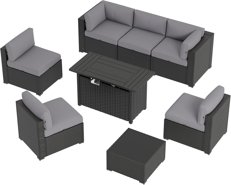 8 Piece Patio Furniture Set with 44" Fire Pit Table Wicker Rattan Sectional Sofa Outdoor Seating with Thickened Cushion, Grey