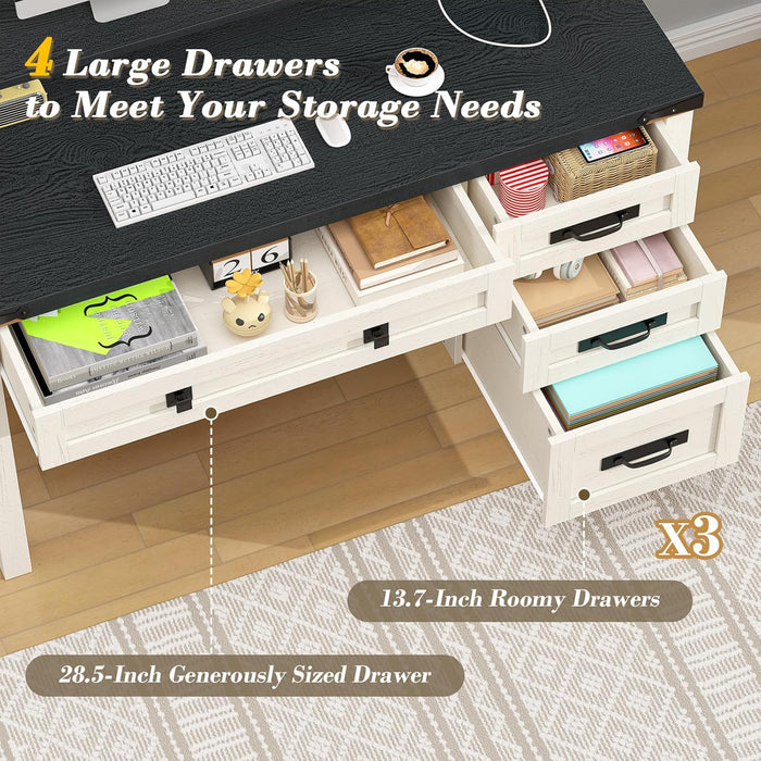 Farmhouse Computer Desk with Drawers, 47" Small Computer Desk with Power Outlets, Home Office Desk with Monitor Stand & 4 Drawers, Writing Study Table, Black & White