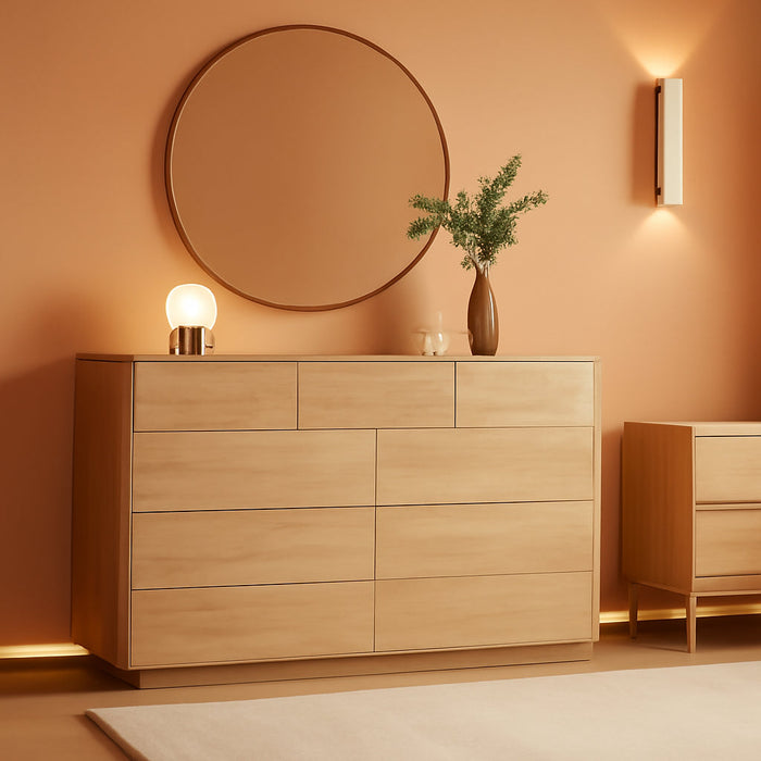 Contemporary 52Inch Wide Nine Drawer Dresser OakFinish