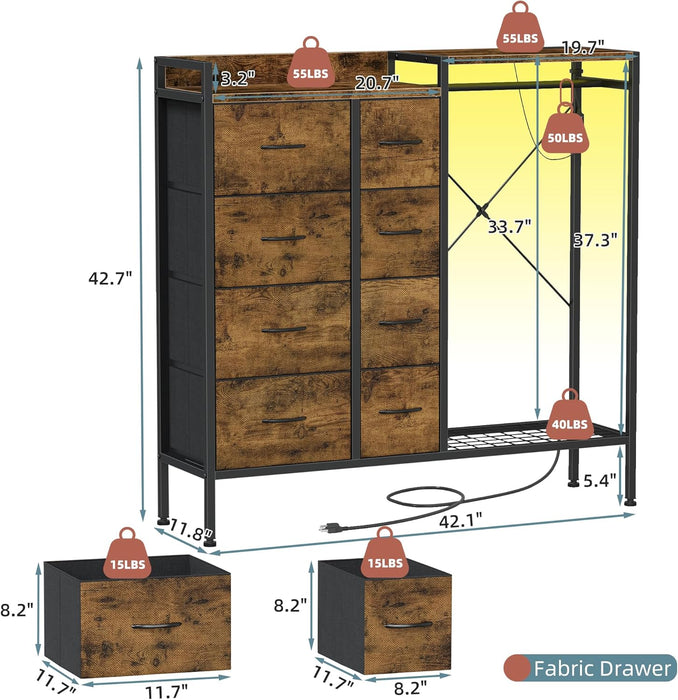 Dresser with Hanging Rack, 8-Drawer Dresser for Bedroom with Charging Station & LED Lights, Fabric Dressers with Shoe Rack, Rustic Brown, 11.8" D X 42" W X 42.7" H (8 Drawers)