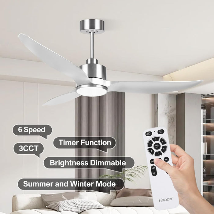 52 Inch Silver Ceiling Fan with Lights and Remote High CFM 3 Blades