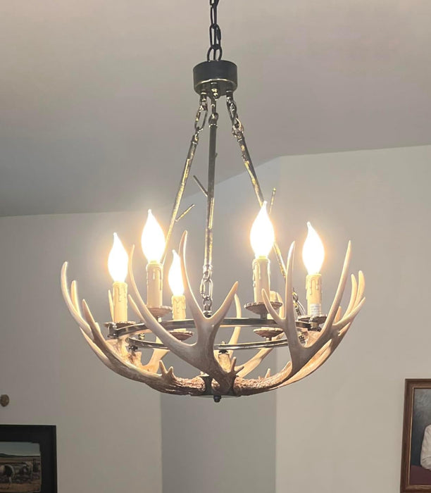 Six-Light Rustic Antler Chandelier With Wagon Wheel