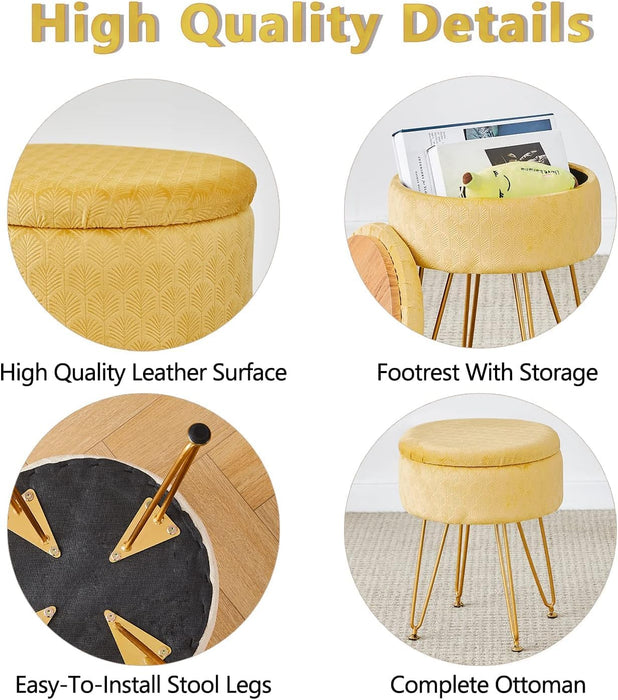 Velvet Ottoman round Footrest Footstools with Storage Space Soft Vanity Chair with Memory Foam Seat Small Side Table Hallway Step Stool 4 Gold Metal Legs with Adjustable Footings Ginger
