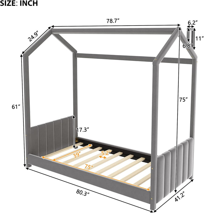 Twin Velvet Playhouse BedFrame NoBoxSpring Grey Finish