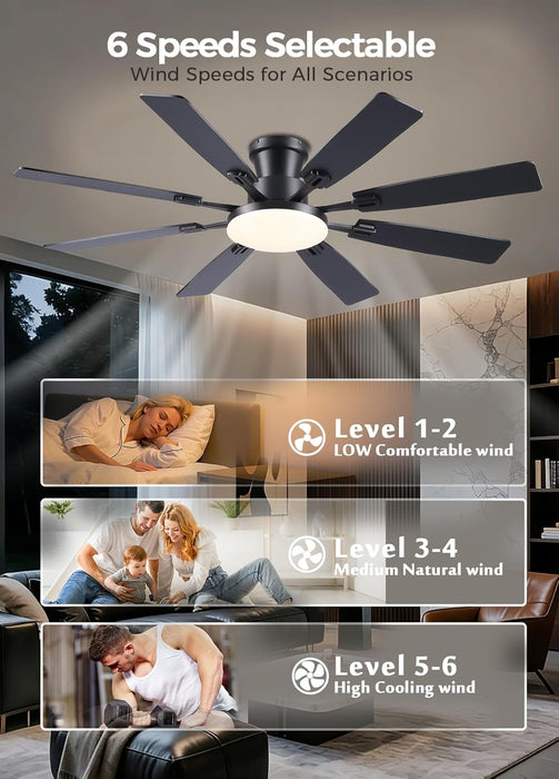 60Inch Ceiling Fan with Lights and Remotes, Large Low Profile Flush Mount Ceiling Fans,Dc Reversible Motor, 3CCT Dimmable,Noiseless,Dual Finish, Black 6 Speeds Ceiling Fan for Indoor/Outdoor