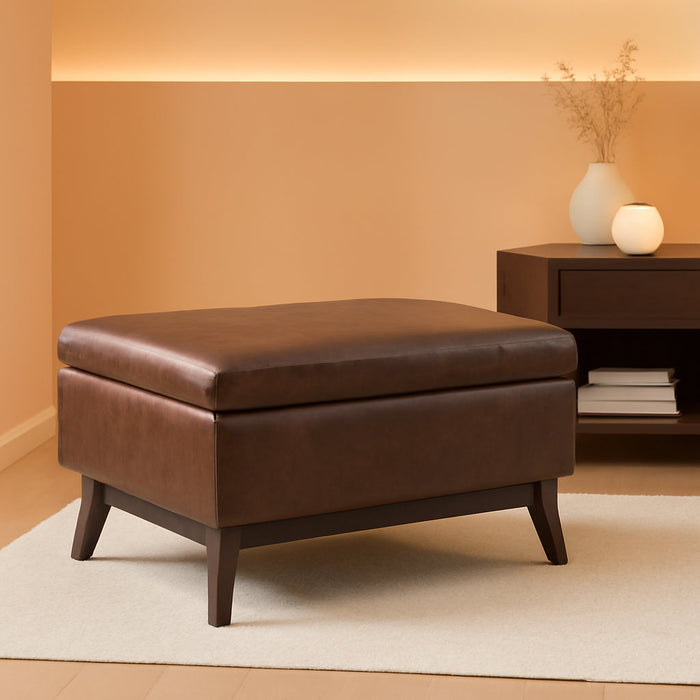 Owen 34 Inch Wide Mid Century Modern Rectangle Coffee Table Storage Ottoman in Distressed Chestnut Brown Vegan Faux Leather, Assembled, for the Living Room, Entryway and Family Room