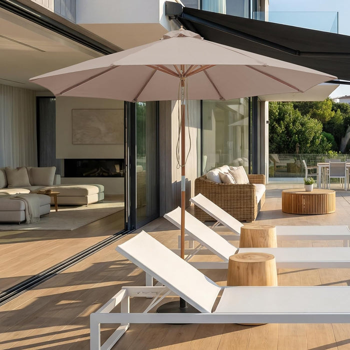 9FT/10FT Bamboo Patio Umbrella, Large Outdoor Umbrella with UPF 50+ Sun Protection, Rope Pulley Lift & Push-Button Tilt, 8-Rib Ventilated Canopy for Garden, Deck, Backyard & Outdoor Dining