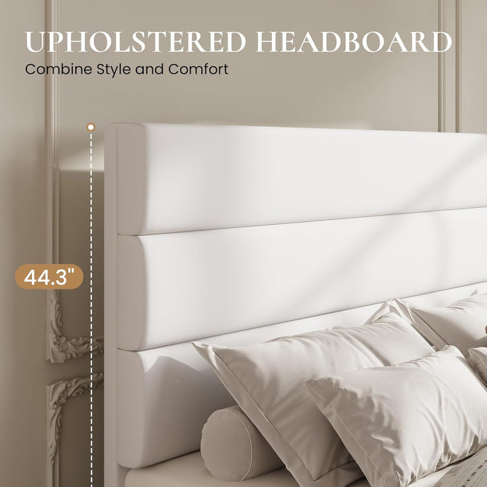 Full Size Platform Bed Frame with 4 Storage Drawers, Velvet Upholstered Headboard, Mattress Foundation with Wooden Slats Support, No Box Spring Needed, Easy Assembly, White