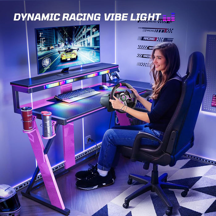 Computer Desk with Music Sync Light, Flow Vibe Corner Desk with Monitor Stand and PS5 Storage Shelves, Cup Holders, and Headset Hooks for Bedroom Small Space (Black Purple, 57 Inch)