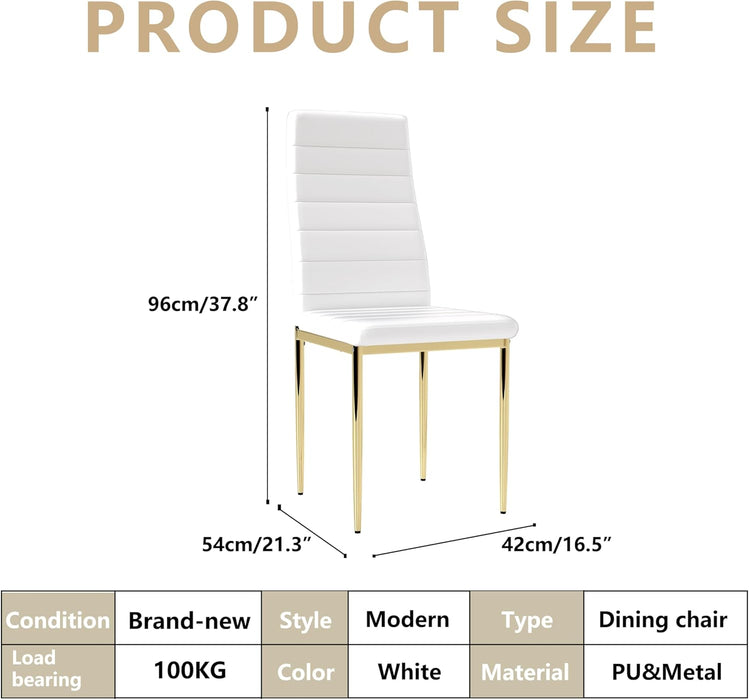 White Dining Chairs Set of 4, Gold Chromed Modern Soft Padded High Back Kitchen Chair for Dining Room, Kitchen (4, White with Gold Legs)