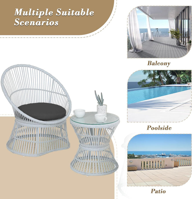 Outdoor Patio Furniture Set Wicker Bistro Set, 3 Piece Conversation Set All-Weather PE Rattan Chairs with Seat Cushions & Glass Table for Porch, Backyard, Black