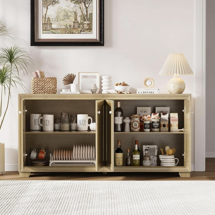60" Buffet Cabinet with Storage, 4 Doors Sideboard with Adjustable Shelves, Modern Farmhouse Coffee Bar Console Table for Living Room, Kitchen, Dining Room, Entryway, Oak