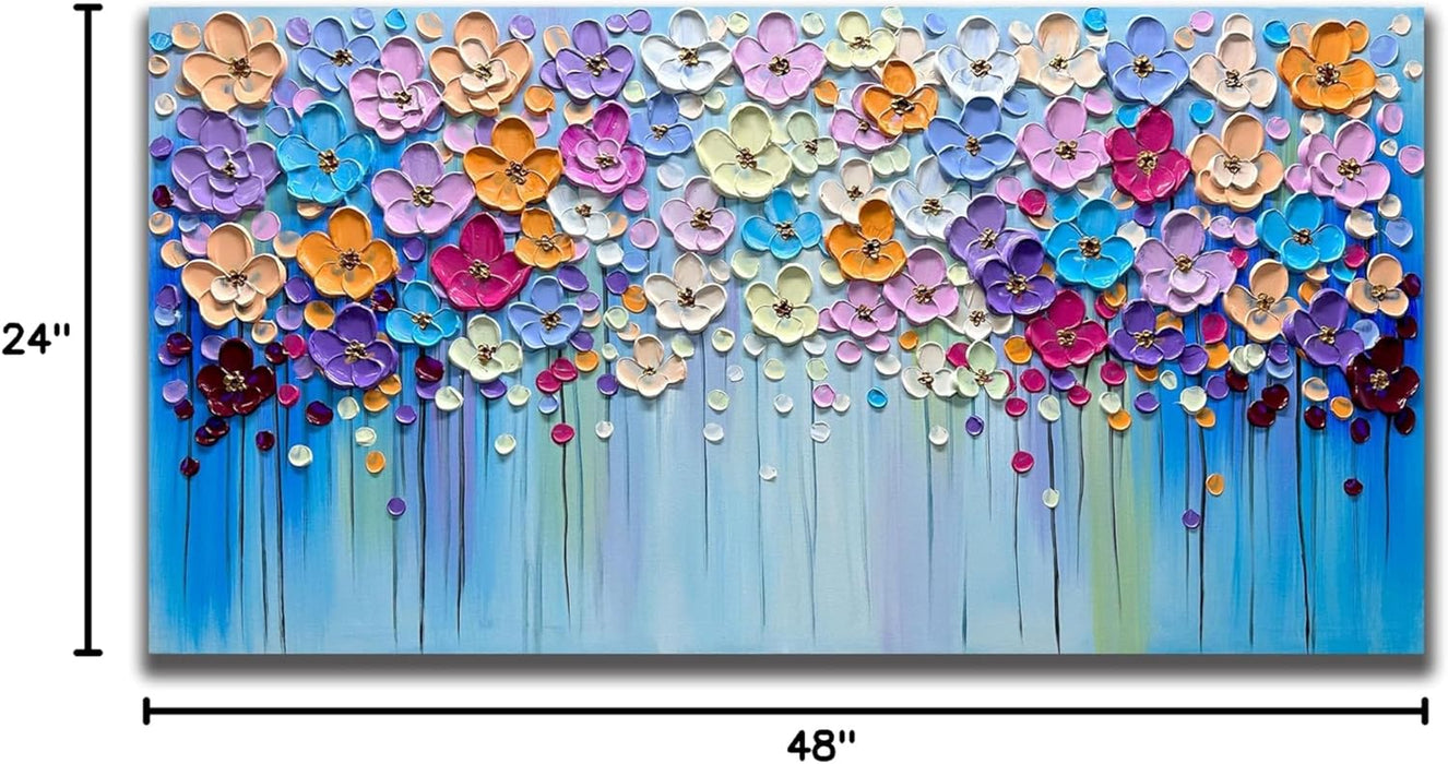 3D Paintings, Modern Abstract Oil Painting Hand Painted on Canvas Abstract Artwork Picture Wall Decoration for Living Room - Gorgeous Flowers Wall Art-24X48 Inch
