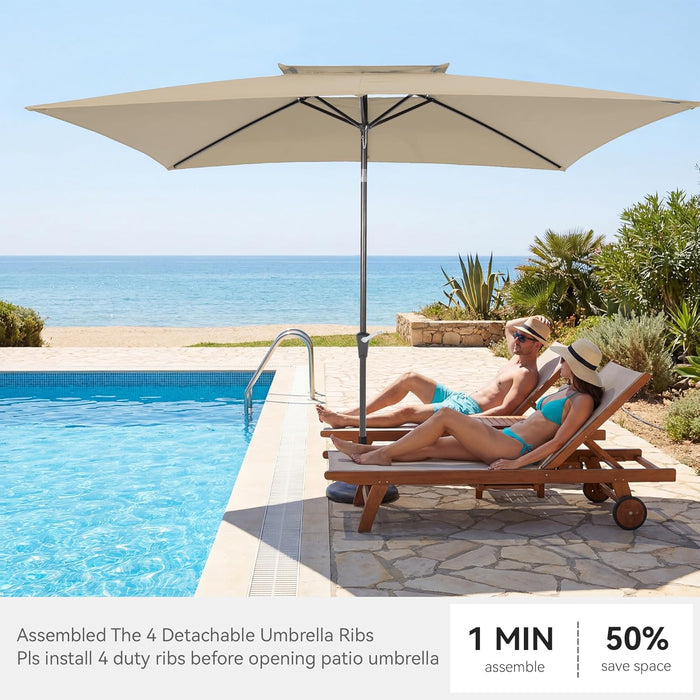 6.6 X 10 Ft Rectangular Patio Umbrella, Outdoor Market Table Umbrella with Push Button Tilt and Crank, Double-Tier Vent, 6 Ribs, Rectangle Patio Umbrella for Backyard, Deck, Pool, Fits 4–6 Chairs and Tables (Beige)