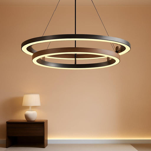 Modern LED Chandelier Black Wood Dimmable 3-Ring Foyer Entry Chandeliers Light 24In Dining Room Chandelier Light Fixture for Kitchen Home Office Living Room