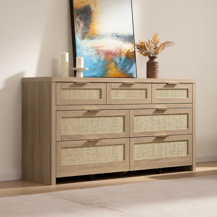 7 Drawer Rattan Dresser for Bedroom, 57" Wide Dresser