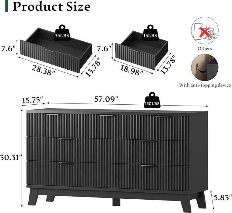 Fluted Dresser with 7 Drawers, 58" Wide Wood Chest of Drawers with Metal Handle, Wooden Dresser TV Stand, Modern Closet Clothes Storage Organizer for Bedroom, Living Room, Hallway, Solid Black