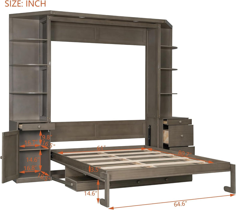 Queen Size Murphy Bed with Desk and Storage, Hidden Foldable Wall Bed with Foldout Workstation, Shelves and Cabinets for Space-Saving Home Office Guest Room, Gray