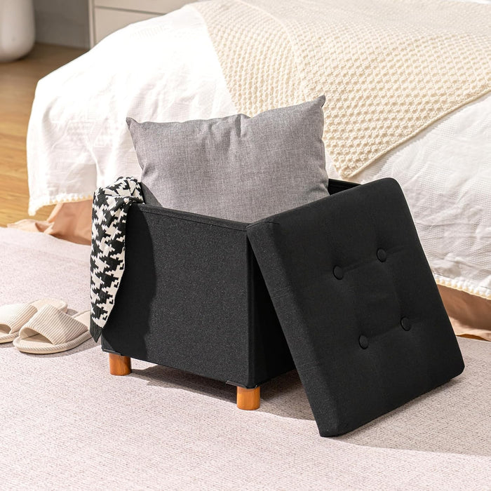 Storage Ottoman with Tray, Foot Stools and Ottomans with Legs, Storage Cube Seat Linen Black 15"