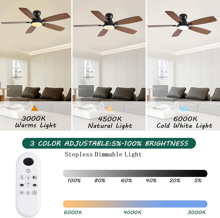 52Inch Ceiling Fans with Lights, Low Profile Ceiling Fan with Light and Remote/App Control, DC Reversible Motor, Noiseless, Flush Mount, Brown Ceiling Fan for Bedroom Indoor/Outdoor Use