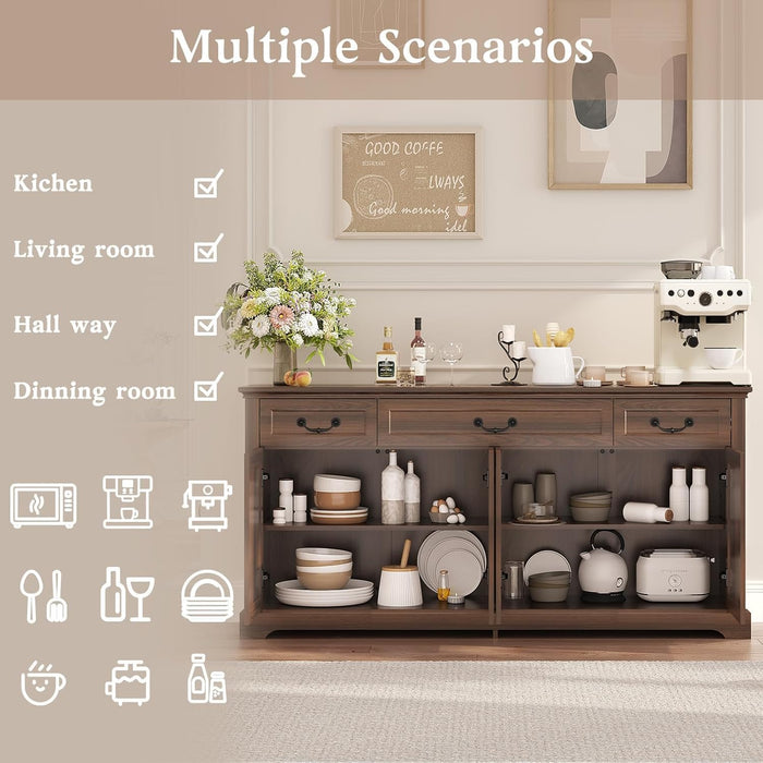 65" Large Sideboard Buffet Storage Cabinet with 3 Drawers and 4 Doors | Farmhouse Kitchen Sideboard Buffet Coffee Bar Wine Bar Cabinet with Storage for Living Room(Walnut)