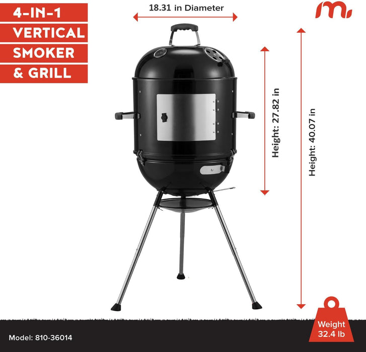 Vertical 18 Inch Charcoal BBQ Smoker, 4-In-1 Portable Outdoor Grill with Adjustable Air Vent, 600 SQ. in Cooking Area, Built-In Temperature Gauge, BBQ Grill for Camping, Picnics - 810-36014