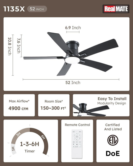 52 Inch Ceiling Fans with Lights and Remote, Black Low Profile Ceiling Fan, Flush Mount Style with 5 Blades, for Indoor Bedroom Living Room/Outdoor, 6 Speed Reversible DC Motor, 3CCT Dimmable LED