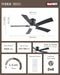 52 Inch Ceiling Fans with Lights and Remote, Black Low Profile Ceiling Fan, Flush Mount Style with 5 Blades, for Indoor Bedroom Living Room/Outdoor, 6 Speed Reversible DC Motor, 3CCT Dimmable LED
