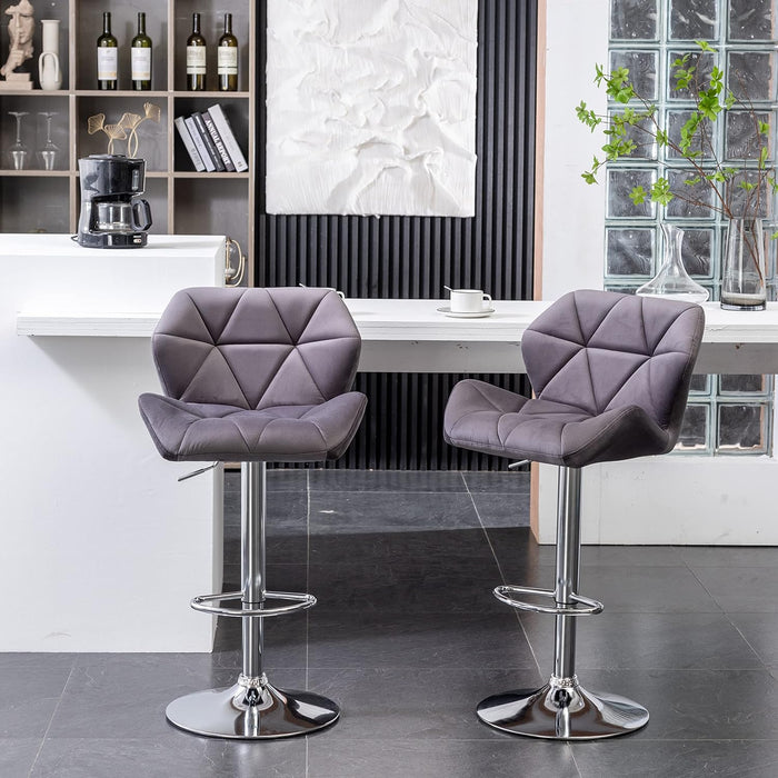 Breni Velvet Diamond Tufted Swivel Adjustable Height Barstools, Set of 2, Gray