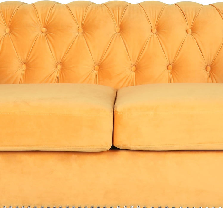3 Pieces of Living Room Furniture Sofa Sets, Modern Velvet Chesterfield Sofa&Chesterfield Club Chair&Chesterfield Loveseat Sofas Set with Nailhead Trim Scroll Arms for Living Room(Mango)
