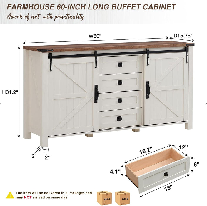 60" Wide Farmhouse Sideboard Buffet Cabinet, Antique White | 31.2" Tall Kitchen Cabinet with Storage, 2 Sliding Barn Doors, 4 Drawers, Rustic Wood, Coffee Bar Table, Dining Room