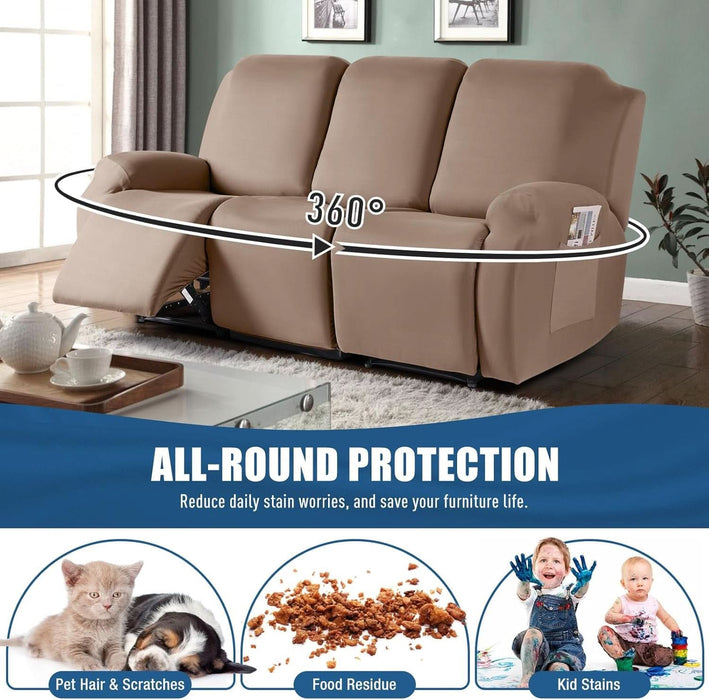 Recliner Sofa Slipcover, 3 Pieces Polyester Fabric Stretch Sofa Covers for 3 Seat Reclining Couch, Soft Washable Furniture Protector with Pockets (3 Seat, Khaki)