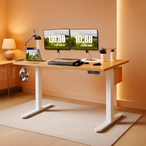 Electric Adjustable Height Standing Desk - 55 X 24 Inch Sit to Stand up Desk with Splice Board, Rising Home Office Computer Table with 2 Hook and Wire Hole for Work