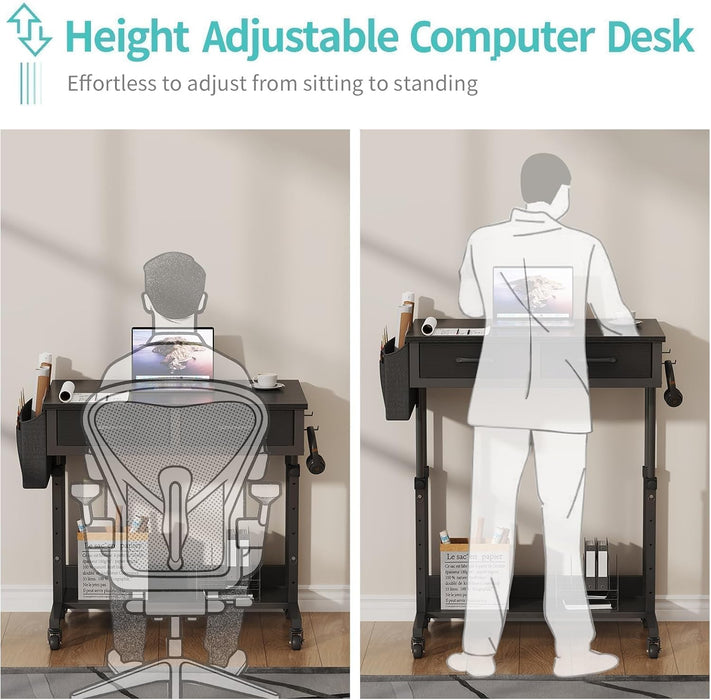 Rolling Standing Desk with Drawers, Small Mobile Desk on Wheels