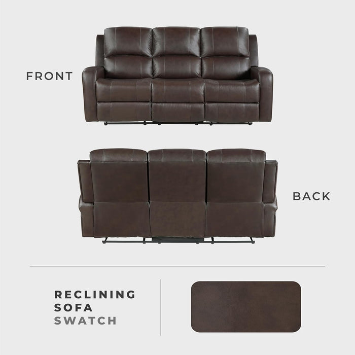 Manual Double Reclining Sofa, Top Grain Leather Match Wall Hugger Recliner Sofa, Tab Pull Reclining, High Density Foam over Pocket Coils, for Living Room/Reading Nook/Bedroom, Brown