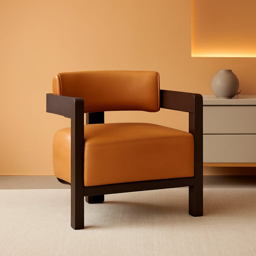 Barrel Accent Chair Modern Comfy Living Room Chair with Wooden Legs Mid Century Leather Upholstered Lounge Reading Armchair for Bedroom/Indoor Reading Nook/Corner/Office, Brown