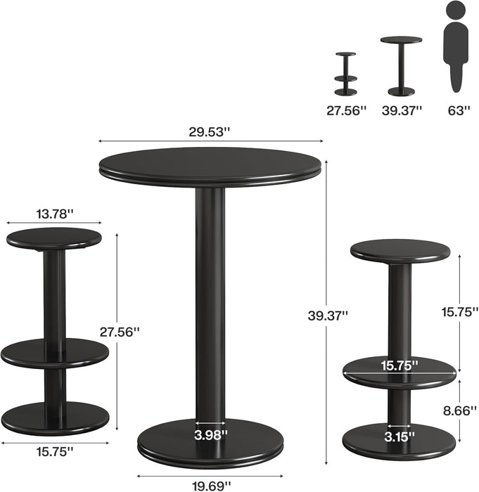 39.4" H round Bar Table and Chairs Set, Modern Black Bistro Pub Table with 2 Barstools, Wooden Counter Height Cocktail Table for Small Bars, Kitchen, Living Room, Apartment
