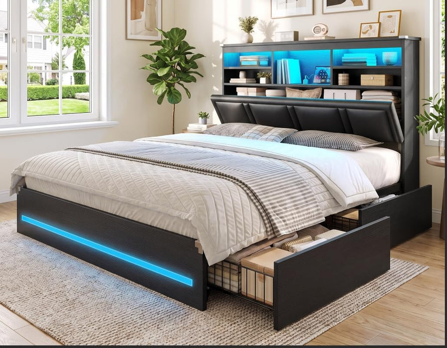 Full Size Bed Frame with 4 Storage Drawers and Headboard, Black