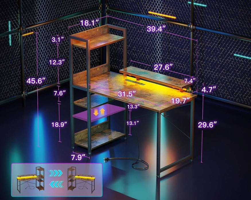 Reversible Gaming Desk with USB Charging Port and LED Lights, 40 Inch Computer Desk with Storage Shelves & Monitor Stand, Writing Study Table for Home Office, Small Space Bedroom, Rustic Brown
