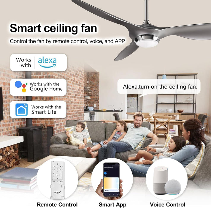 52 Inch Modern Smart Wifi Ceiling Fan with Light and Remote Control, Living Room Bedroom Patio 3 Blade Ceiling Fans with Reversible Mute DC Motor, Silver
