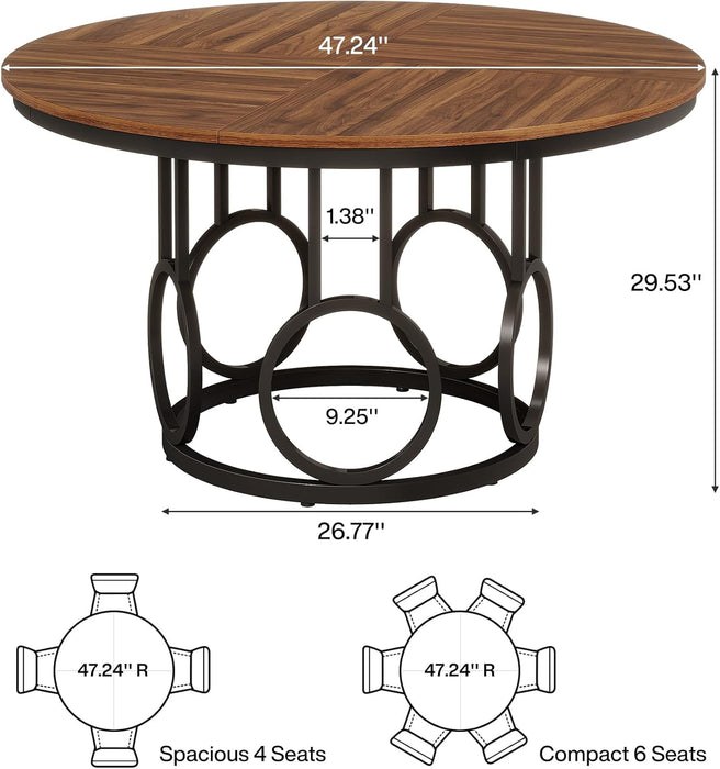 47-Inch round Dining Table, Wood Kitchen Table with Sturdy Metal Base for 4-6 People, Large Circle Dinner Table for Dining Room, Kitchen, Living Room (Brown & Black, Only Desk)