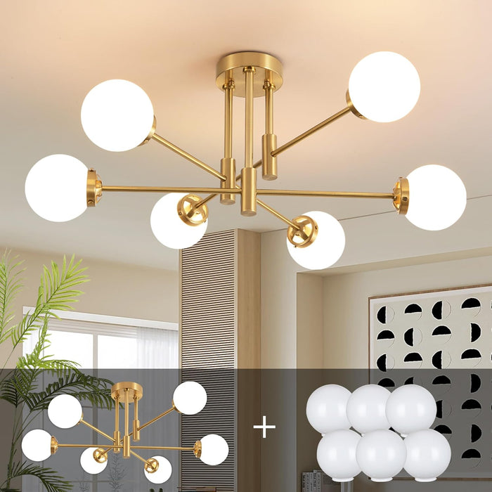 Gold Sputnik Chandelier, Modern Globe Chandelier Light Fixture with Glass Globe Shade, Mid Century Ceiling Light 6-Light for Living Room Dining Room
