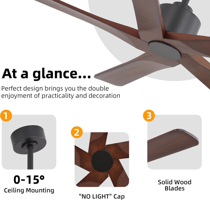 48" DC Ceiling Fan No Light - 5 Carved Solid Wood Blades, 6-Speed Reversible DC Motor, Ceiling Fan without Lights for Living Room Bedroom Kitchen Patio, Indoor and Outdoor, Black and Walnut
