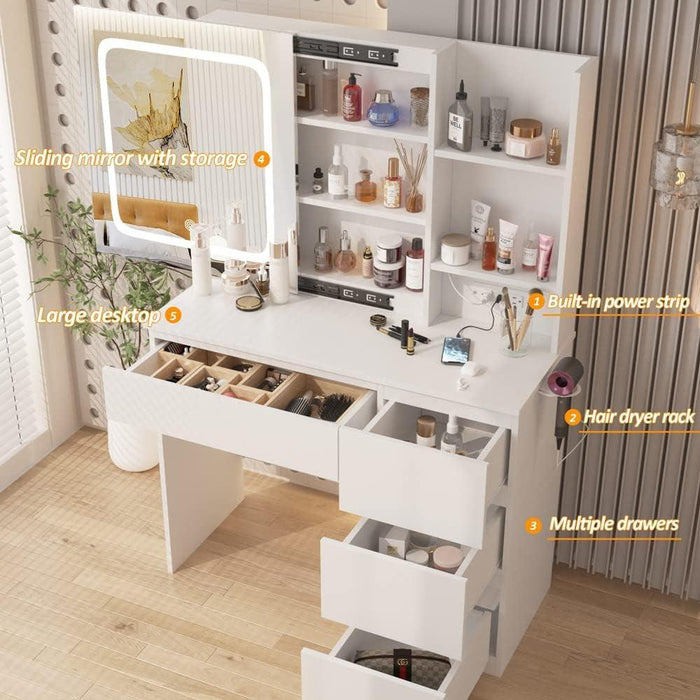 Make up Vanity Desk with Charging Station, Vanity Set with Mirror and Stool and Lights,Dressing Table with 4 Drawers & Storage Shelves,37Inch, White