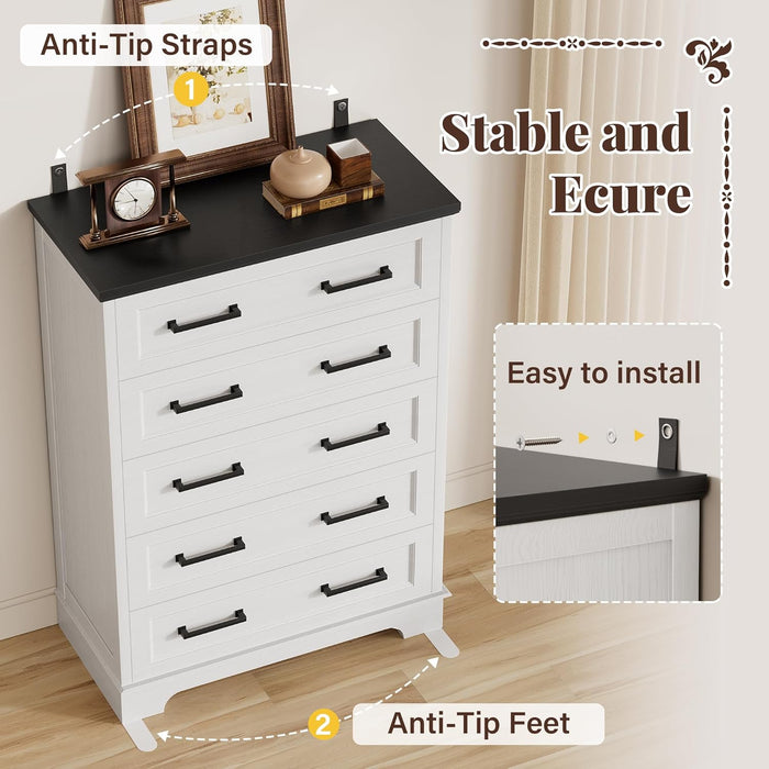 Farmhouse Dresser White Five Drawer FiftyTwo Inches