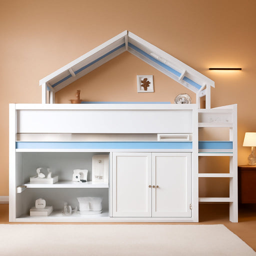 WhiteBlue Full Size Loft Bed WithIntegratedStorage