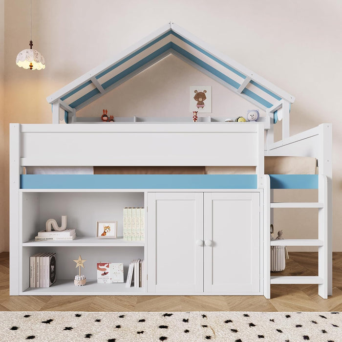 WhiteBlue Full Size Loft Bed WithIntegratedStorage