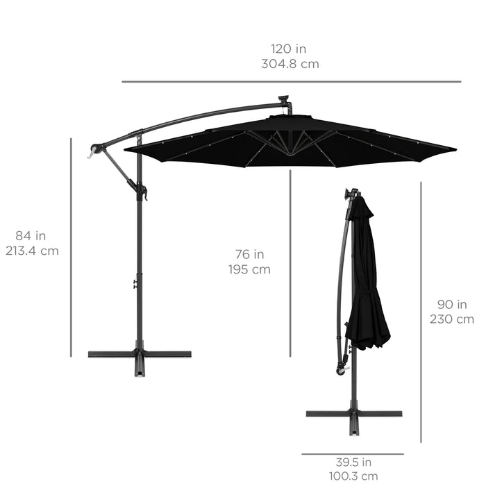 10Ft Solar LED Offset Hanging Outdoor Market Patio Umbrella W/ Adjustable Tilt - Black