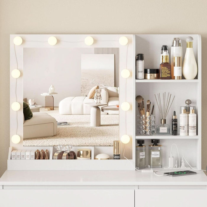 Vanity, Makeup Vanity Desk Set with Mirror & Light, Dressing Table Storage Lots with Power Strip, 3 Lighting Modes with Adjustable Brightness, 37 Inches (White) (White with Stool)